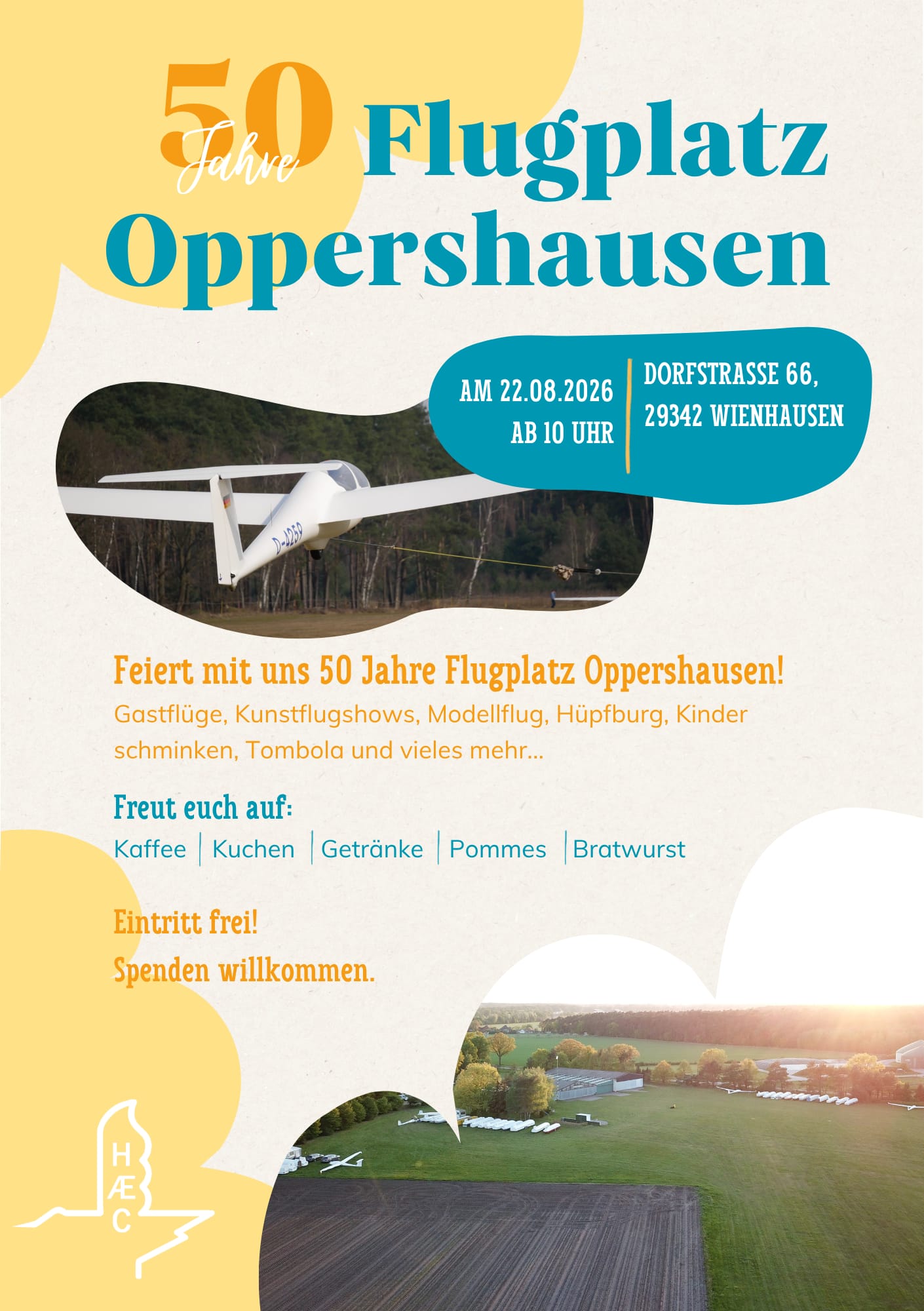 Flyer zum Jubiläumsfest 50 Jahre Flugplatz Oppershausen am 22. August 2026